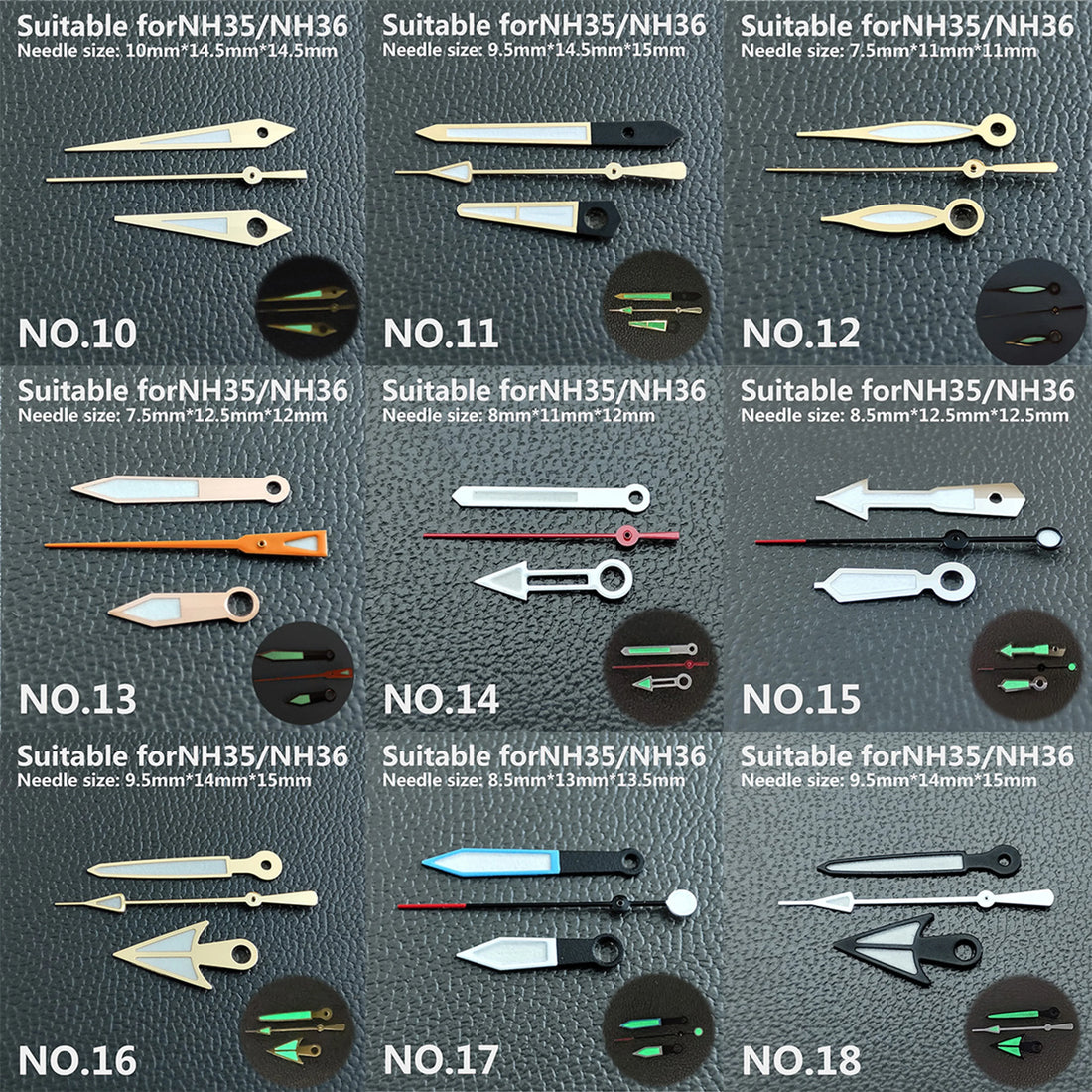 Watch accessories watch pointer NH35 hands white pointer green super luminous, suitable for NH35, NH36 movement NO.1~NO.44