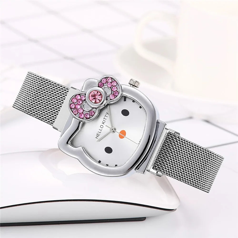 Hellokitty Magnetic Strap Diamond Watch Sanrio Cartoon Wristwatch Women's Simple Watch Kawaii Anime Clock Christmas Gift for Kid