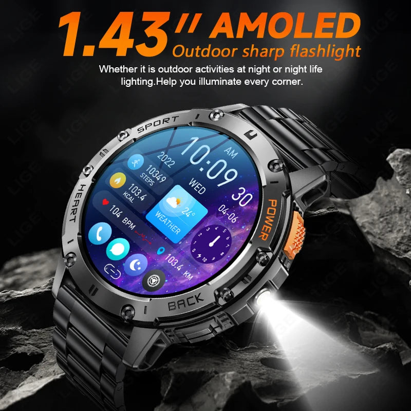 For Huawei Xiaomi New AMOLED Smart Watch Men with Flashlight Sports Waterproof Fitness Tracker Bluetooth Call Smartwatch Man+Box