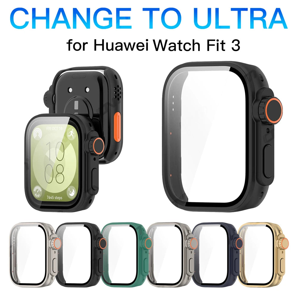 For Huawei Watch Fit 3 Hard Case Tempered Glass Screen Protector Appearance Upgrade Change To Iwatch Ultra 1/2 49MM Accessories
